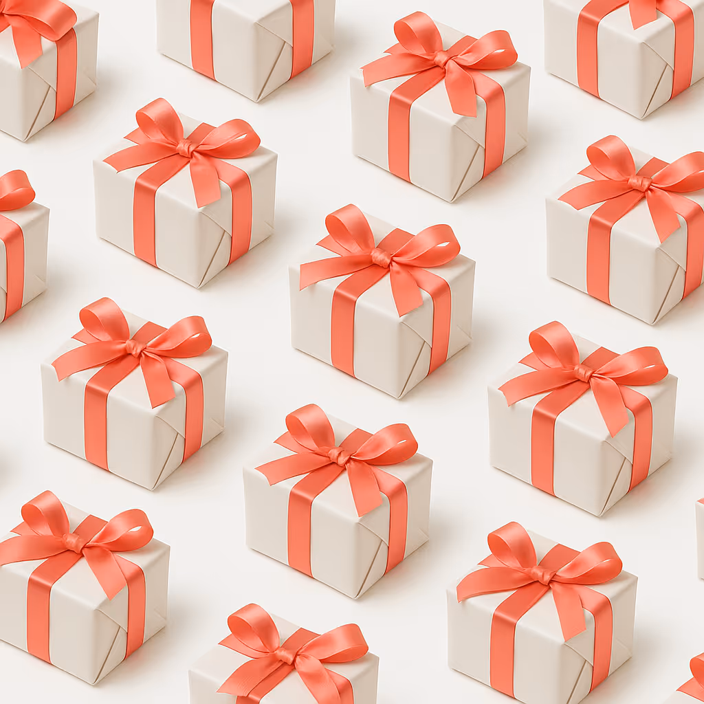 Pattern of small gift boxes wrapped with coral ribbon bows