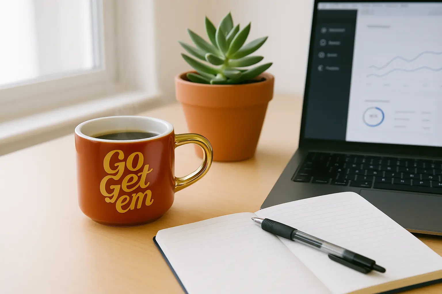 desk with a Go Get 'em mug, a succulent, and a laptop showing a chart